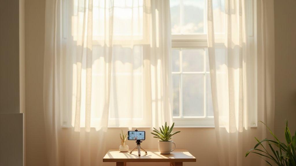 Mobile photo technique How to improvise a diffuser with curtains, tracing paper, and white fabric for softer natural light